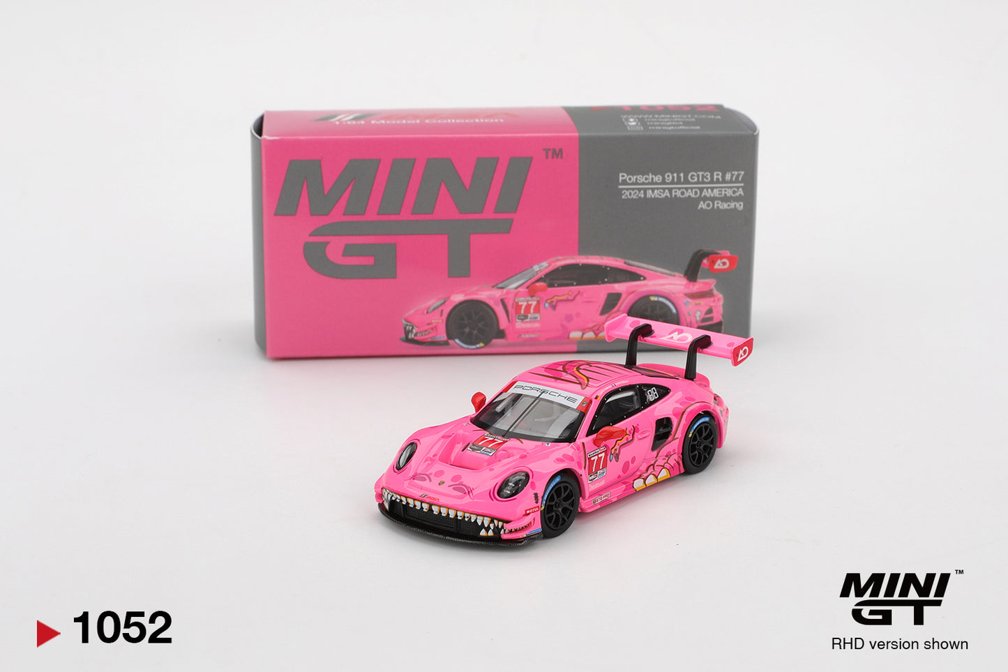 (LIMIT 2) Mini GT 1:64 Porsche 911 GT3 R #77 AO Racing 2024 IMSA ROAD AMERICA "Roxy"