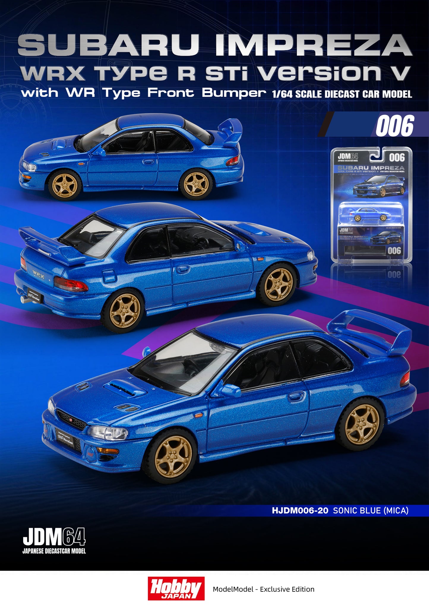 Hobby Japan JDM64 1:64 Subaru Impreza WRX type R Sti Version with WR Type Front Bumper - Sonic Blue (Mica)