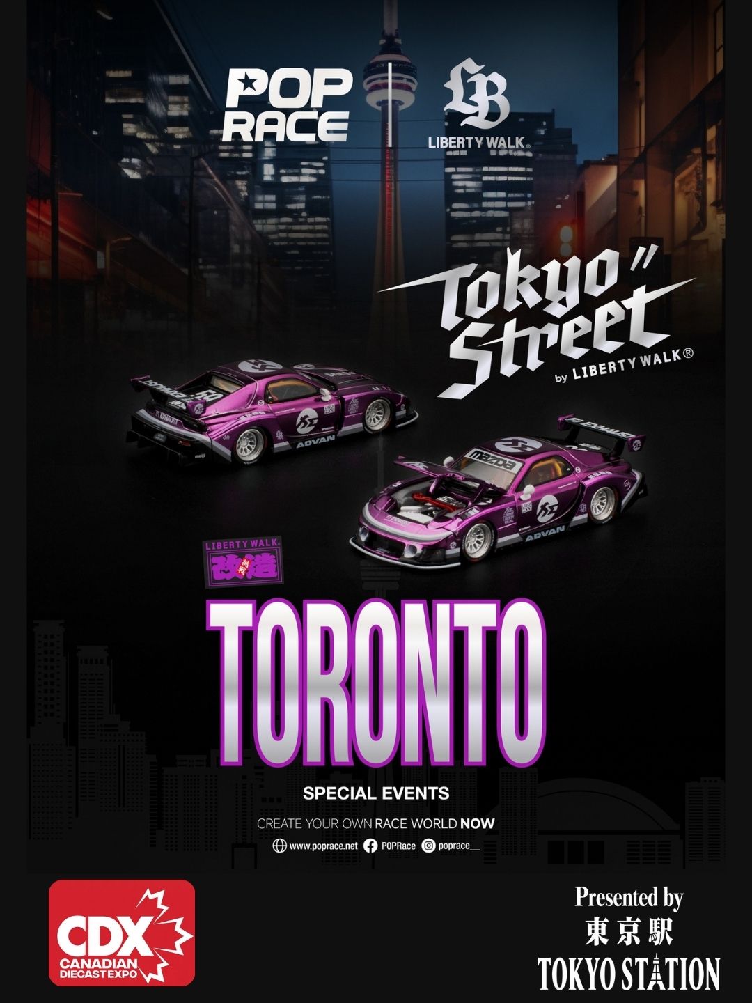 Pop Race 1:64 LB Super Silhouette Mazda RX7 FD3S "Tokyo Street" Canadian Diecast Expo CDX 2026 Exclusive - Purple Chrome