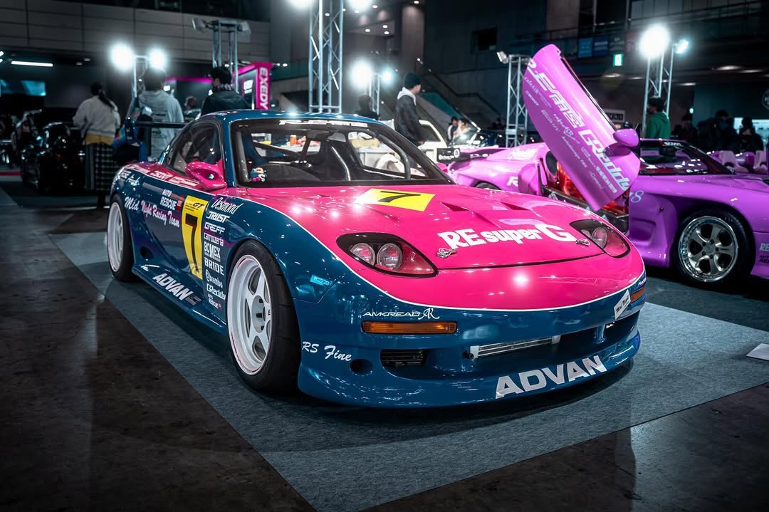 3/4 view of the RE-Amemiya FD RX-7 from the Tokyo Auto Salon 2024. Picture from @akitakuya on IG