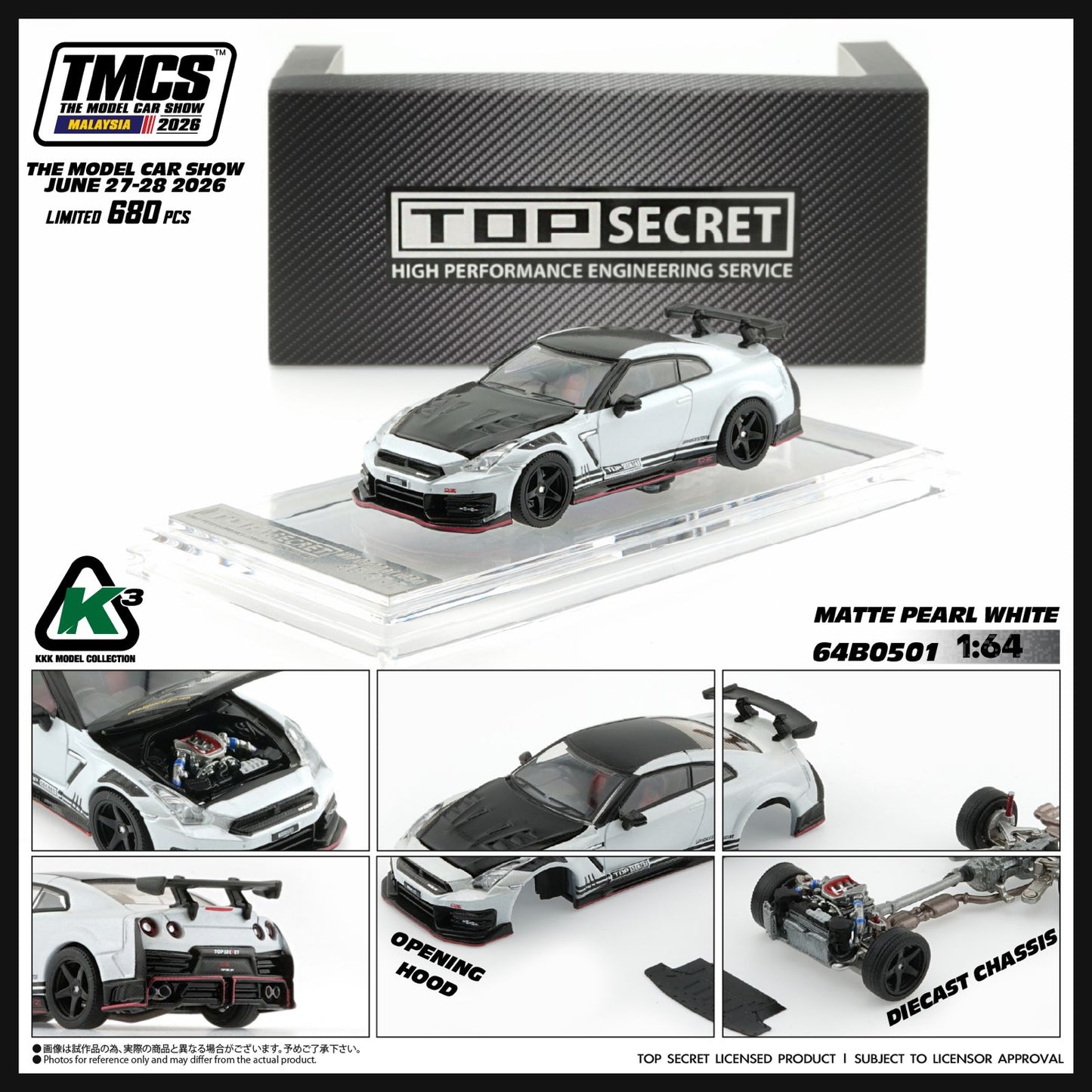 BMC 1:64 Top Secret Nissan GT-R (R35) TMCS Malaysia 2026 - Matte Pearl White