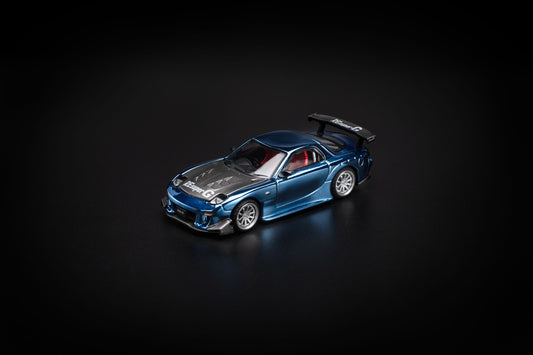 Pop Race 1:64 Mazda RX7 RE-Amemiya Widebody - Blue Chrome