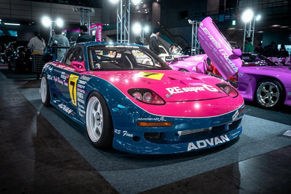 3/4 view of the RE-Amemiya FD RX-7 from the Tokyo Auto Salon 2024. Picture from @akitakuya on IG