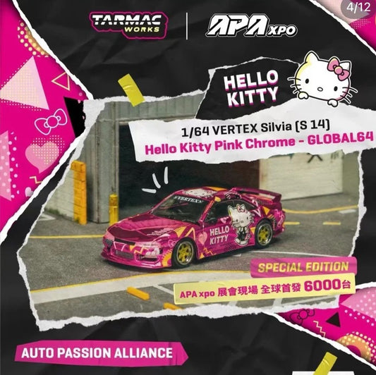 Tarmac Works 1:64 VERTEX Nissan Silvia (S14) Hello Kitty CLDC/APAxpo 2025 Event Model - Pink Chrome
